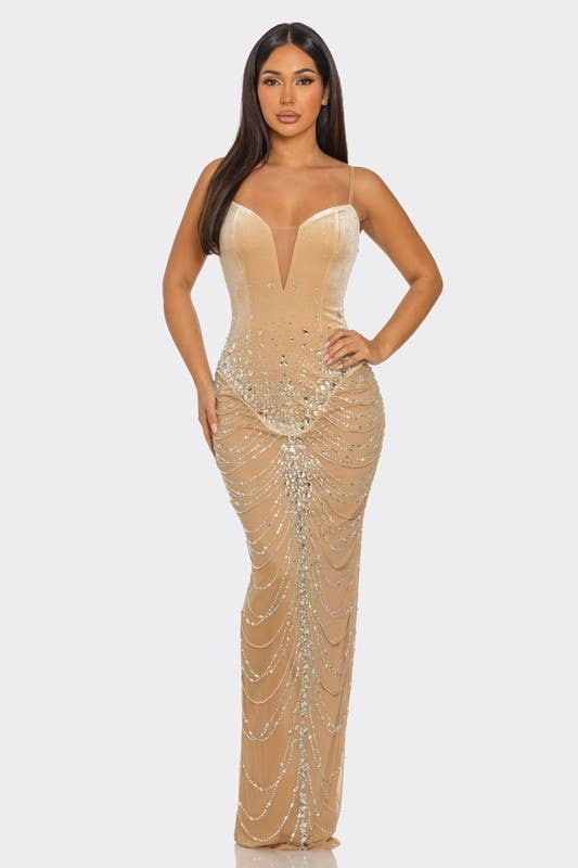 BANJUL - Wholesale Dress - Women's - BCCDS45036  Rhinestone Embellished Draped Chain-Like Dress7