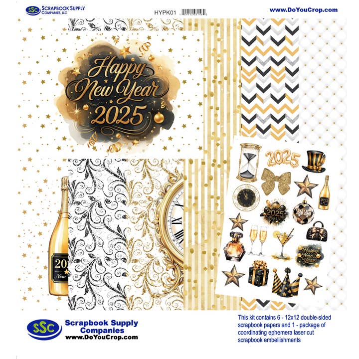 Happy New Year 2025 12 x 12 Scrapbook Paper & Embellishment Kit by SSC Designs - 3 Kits for wholesale by SSC Wholesale