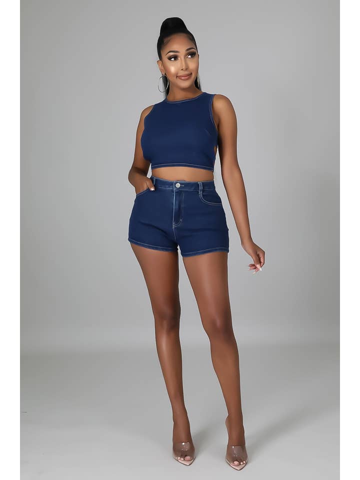 Denim clair Ensemble haut court et short en jean en vente sur Faire12
