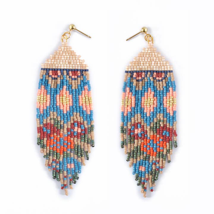 Mayana Designs Co - Wholesale Kwastjesoorbellen - Met kralen handgeweven huipil franje oorringen (Ocean Sunset)0