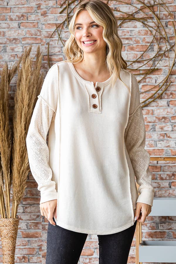 7th Ray - Vente Haut en maille – femme - Haut à manches longues en mélange de coton avec contraste en dentelle et boutons devant T525328