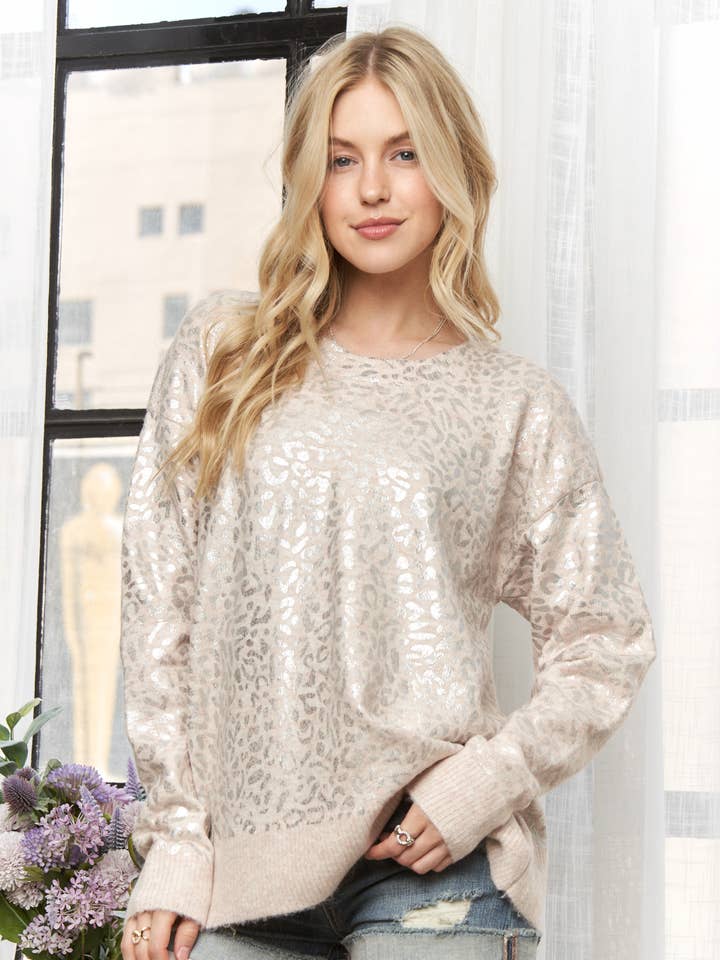 ADORA LA - Wholesale Knit Sweater - Women's - CESW3927-METALLIC LEOPARD PRINT PULLOVER KNIT TOP0