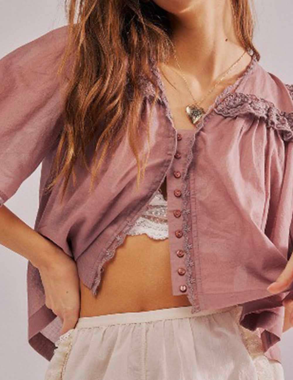 Sweetkama - Vente Chemisier – femme - Blouse en dentelle à manches courtes avec col Claudine pour femme11