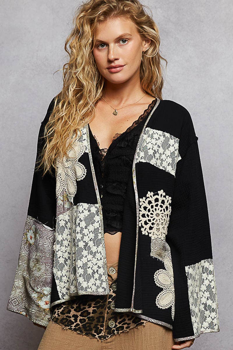 Pol Clothing - Wholesale Cardigan - Women's - Long sleeve double gauze crochet patch cardigan woven top0
