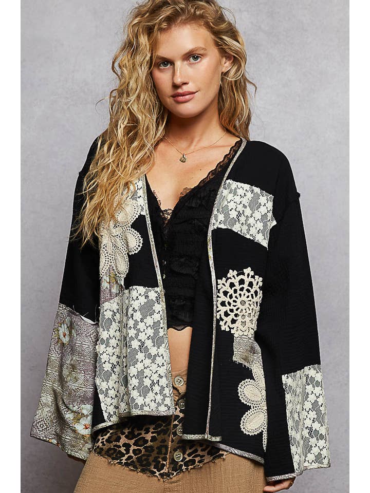 Pol Clothing - Wholesale Cardigan - Women's - Long sleeve double gauze crochet patch cardigan woven top