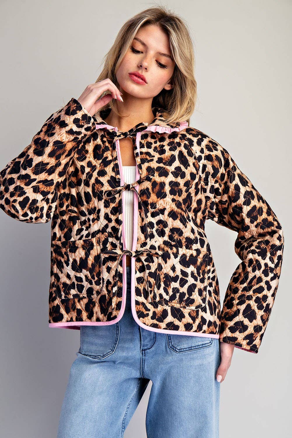 BROWN PL9358 - LEOPARD QUILTED PINK CONTRAST TIE FRONT JACKET for wholesale on Faire1