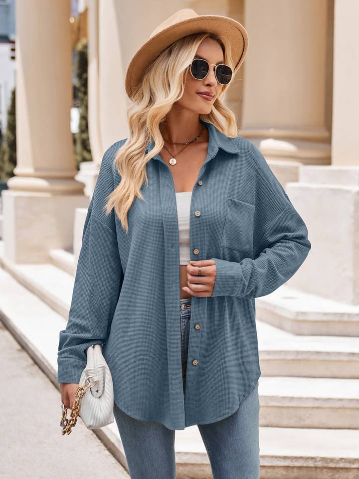 Lovesoft - Wholesale Button Down Shirt - Women's - Women's Casual Loose Pocket Waffle Fashion Shirt10