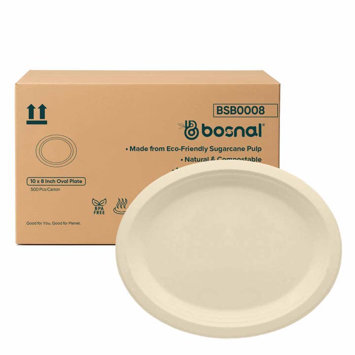 Bosnal 10 inch Bagasse Oval Plates, Case of 20 (500 Pcs) for wholesale by Bosnal