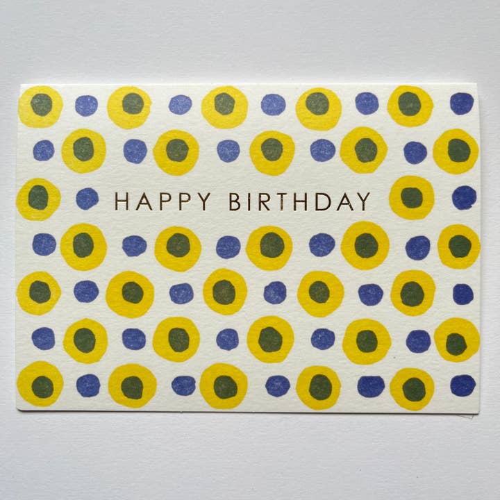 Happy Birthday Dots in Yellow and Blue for wholesale by Takako Copeland