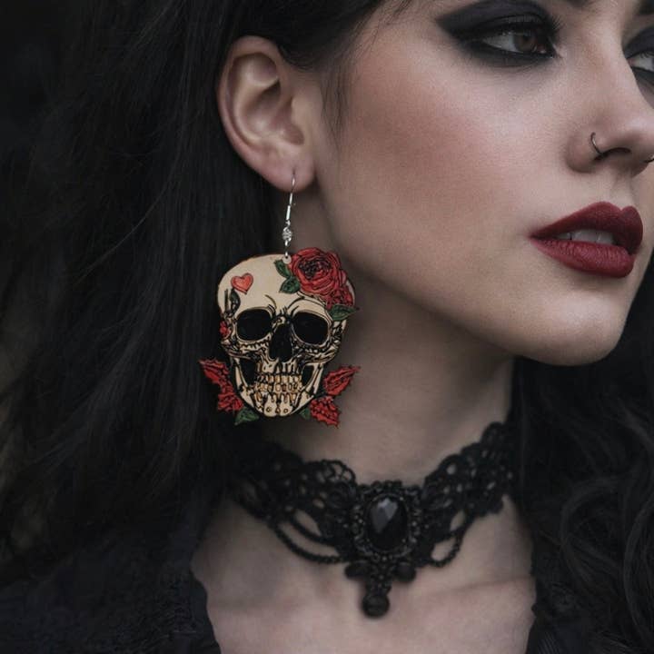 Large Skull Earrings with Roses & Heart – Laser Cut Statement Jewelry for wholesale by Bead And Beam