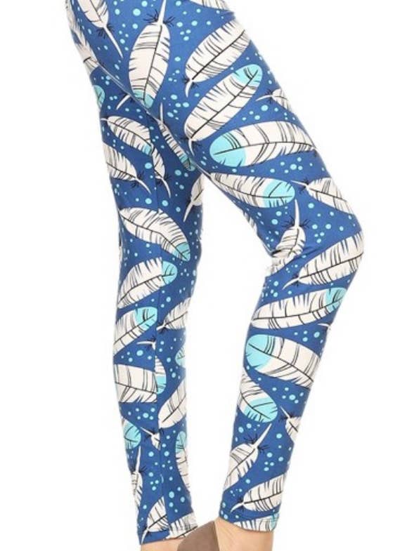 Leggings taglia unica con stampa piuma blu e bianca per la vendita all'ingrosso da parte di Love 4 Leggings