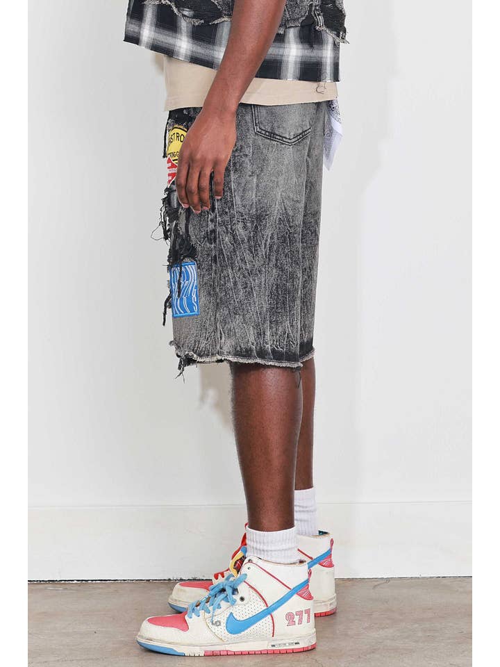 Black Stone PATCHES CUT OFF PLAID DENIM JORTS for wholesale on Faire2