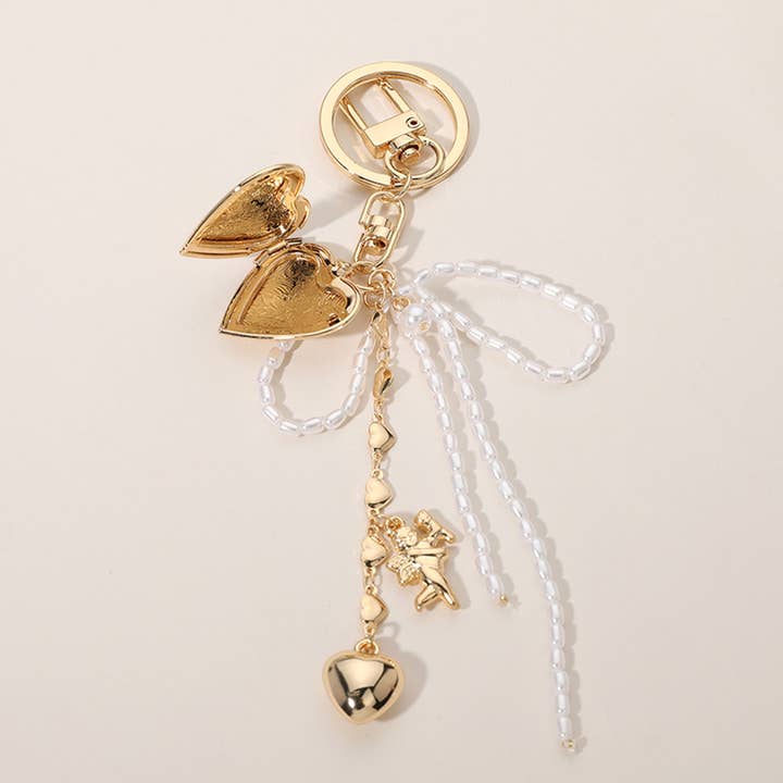 Sensibling Corp. - Wholesale Keychain - Women's - Pearl Beaded Bow Metal Heart Embellished Bag Charm Keychain2