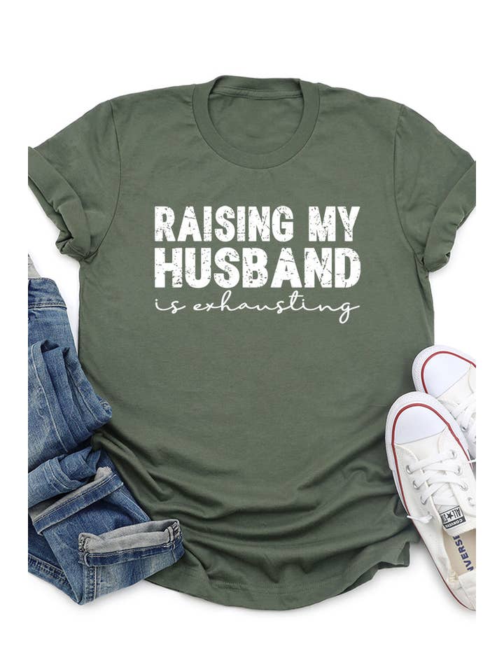 COLORBEAR - Wholesale Screen Printed T-Shirt - Women's - RAISING MY HUSBAND IS EXHAUSTING UNISEX SHORT SLEEVE10