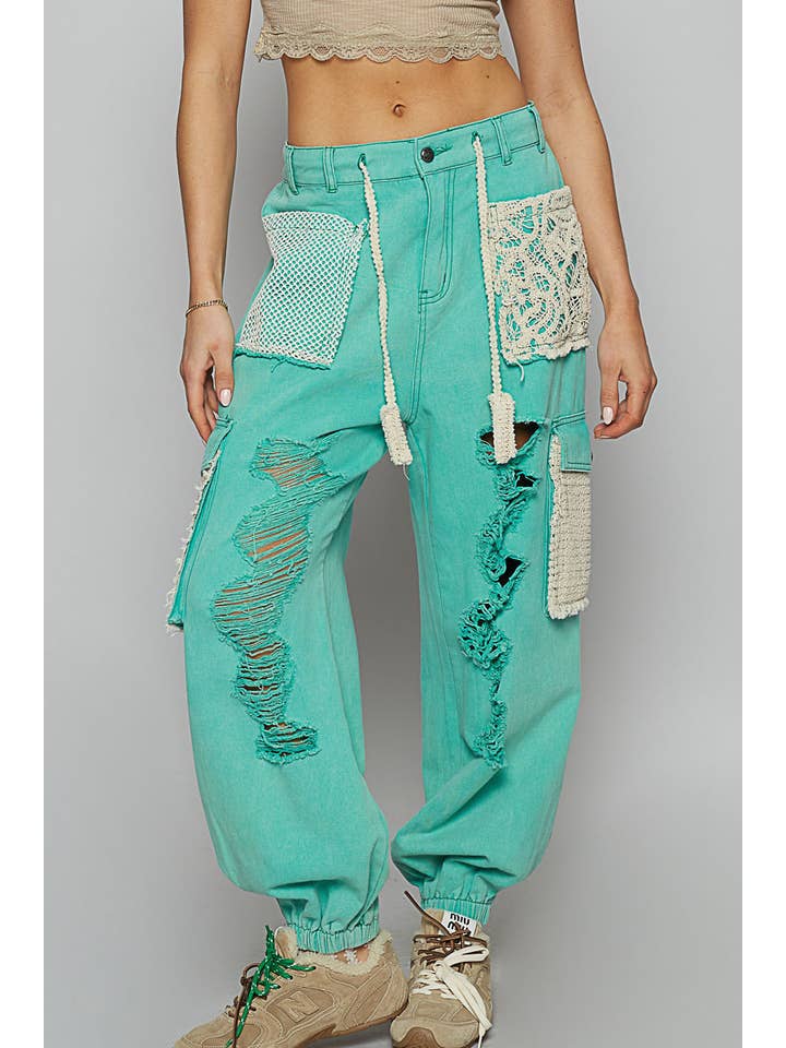 Pol Clothing - Wholesale Pants - Women's - Vintage Wash Crochet Patches Distress Jogger Pants SALE10