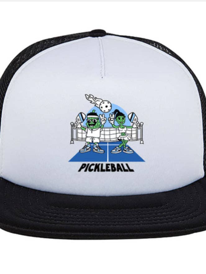 Casquette Pickleball Trucker représentant « Ace et Dinky », le couple le plus sexy (noir) pour la vente par B6B clothing and apparel