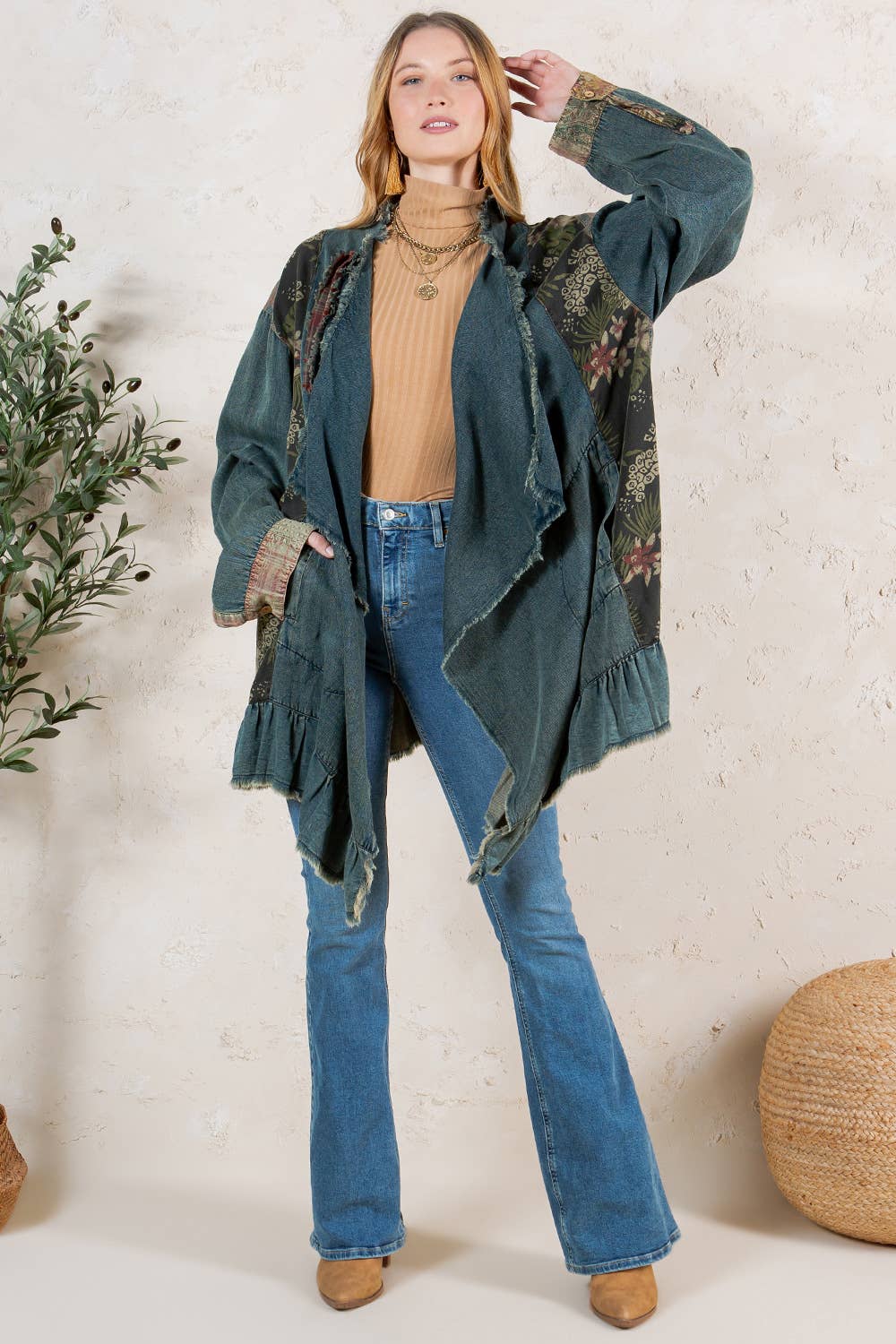 Young Threads - Wholesale Button Down Shirt - Women's - Western Boho Chic: Patched Denim Shrug ALSO IN PLUS 10