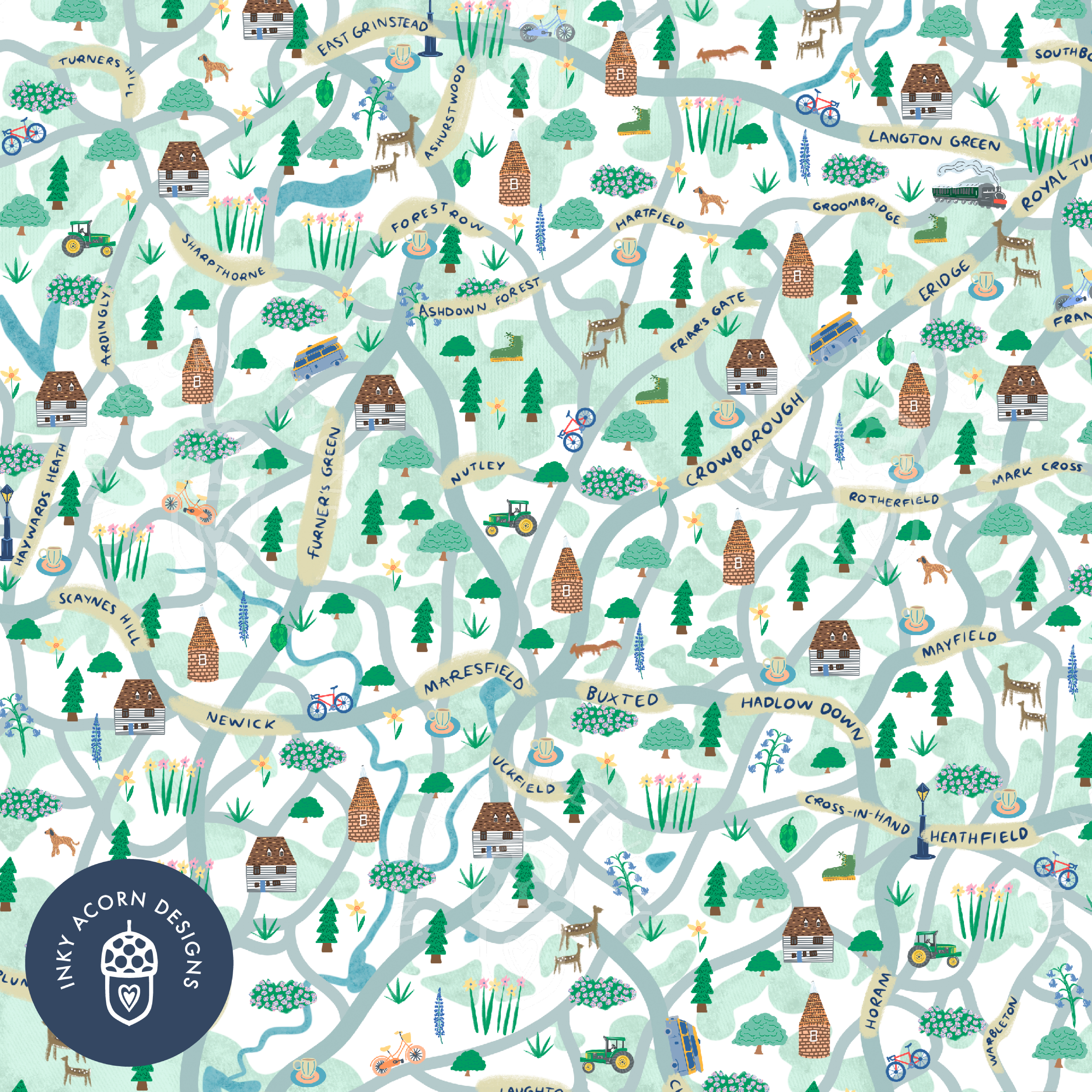 Inky Acorn Designs – wholesale Art print – Wealden Towns & Villages Illustrated Map Signed Art Print4