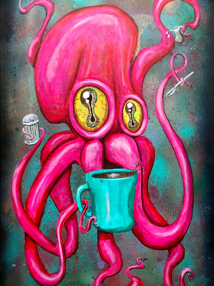 Pink Coffee Drinking Octopus (original art print) 11 x17 for wholesale by Extravaganza of Strange : Art of Bili Kribbs