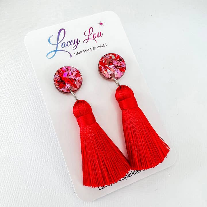 Large Christmas Tassel Earrings - Red for wholesale by Lacey Lou Sparkles