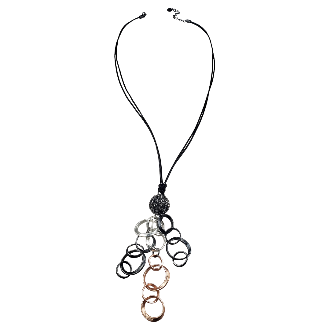 Sweet Lola Inc. - Wholesale Pendant/Charm Necklace - Lea -black leather necklace, mix metal rings & black diamond0