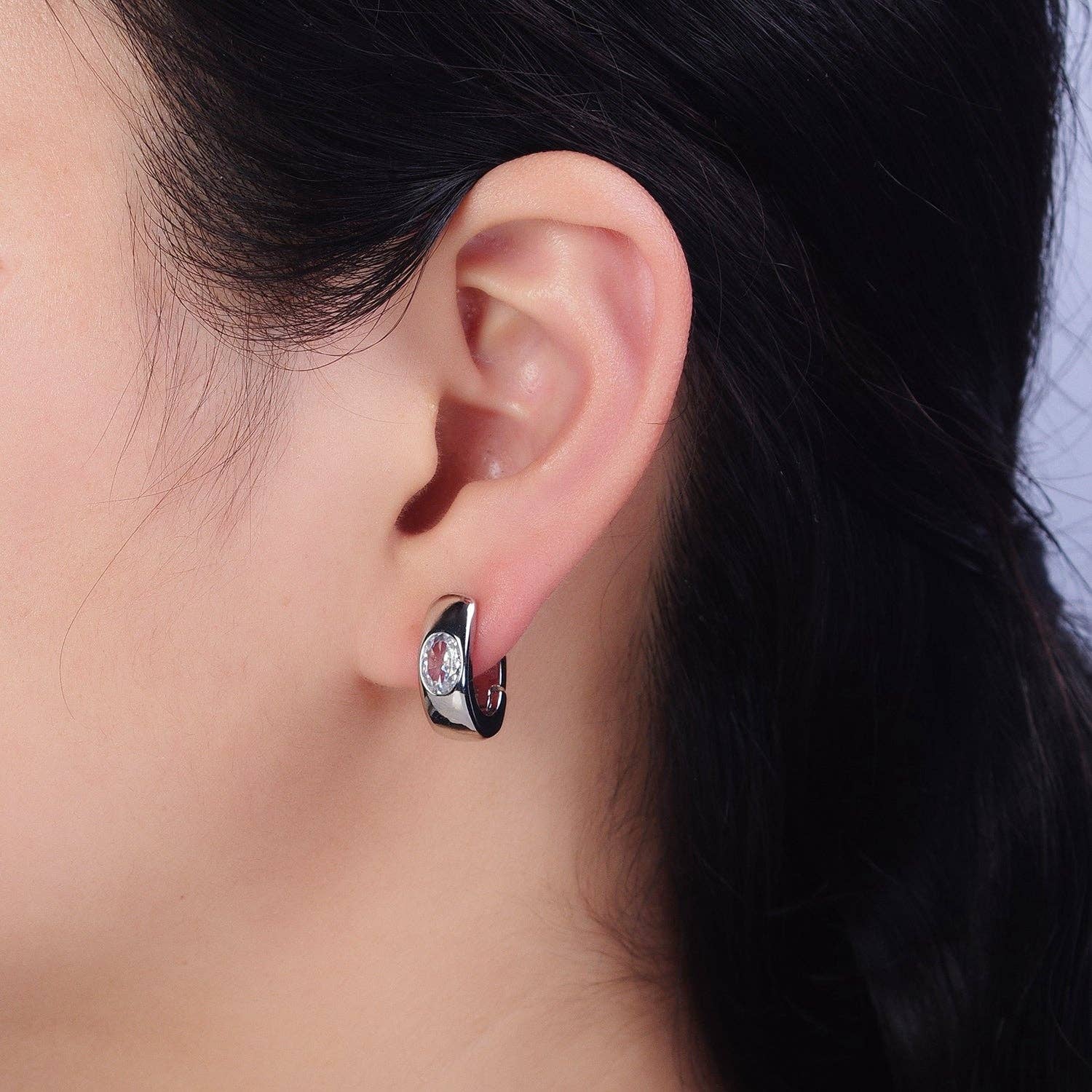 Aim Eternal - Wholesale Huggie Earrings - Gold Filled Clear Oval CZ 15mm Thick Huggie Earrings2