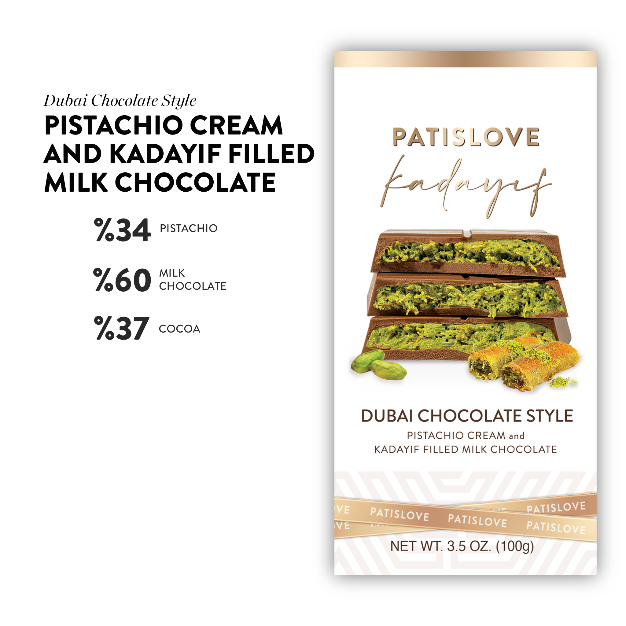 Patislove - Wholesale Chocolate Bar - Pistachio & Kadayif Milk Chocolate, 100G1