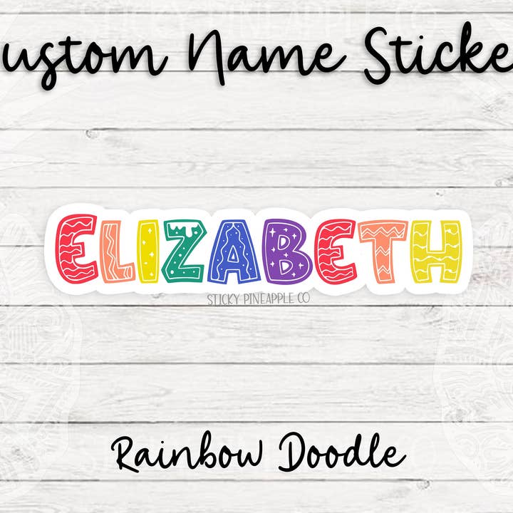 Benutzerdefinierter Namensaufkleber - Rainbow Doodle | Wetterfester Mattaufkleber | Wählen Sie Ihre Größe! | Perfekt für Wasserflaschen, Laptops, Notizbücher usw. für den Großhandel von Sticky Pineapple Co