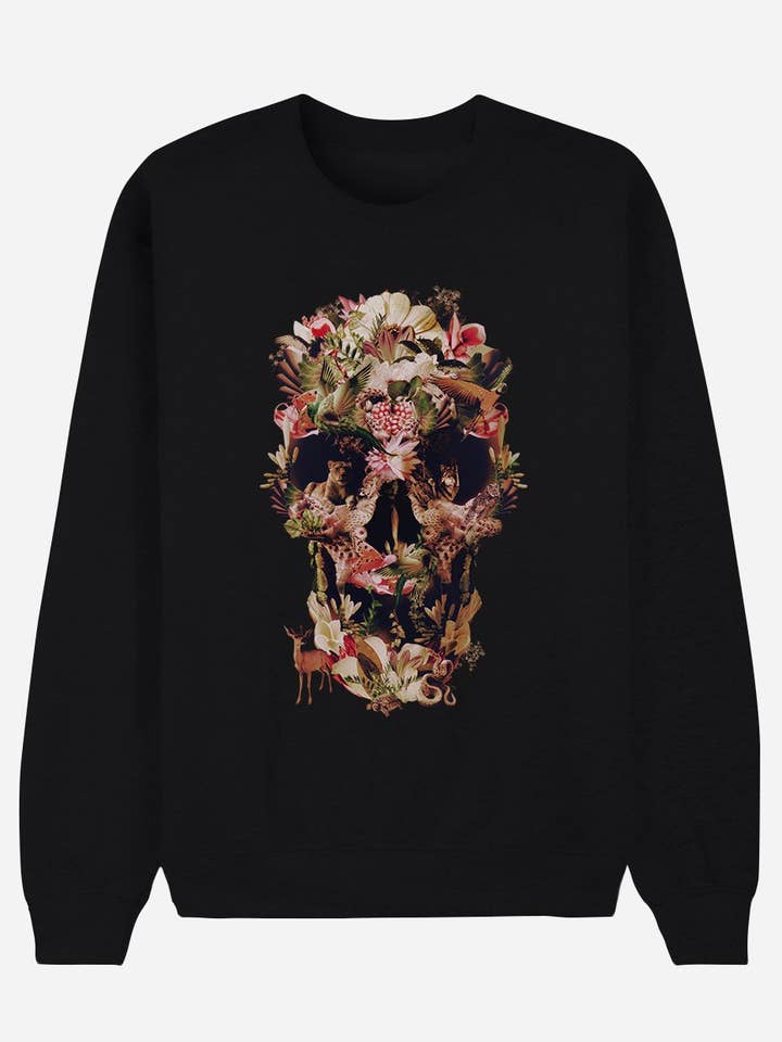 FELPA NERA DA UOMO JUNGLE SKULL per la vendita all'ingrosso da parte di Wooop