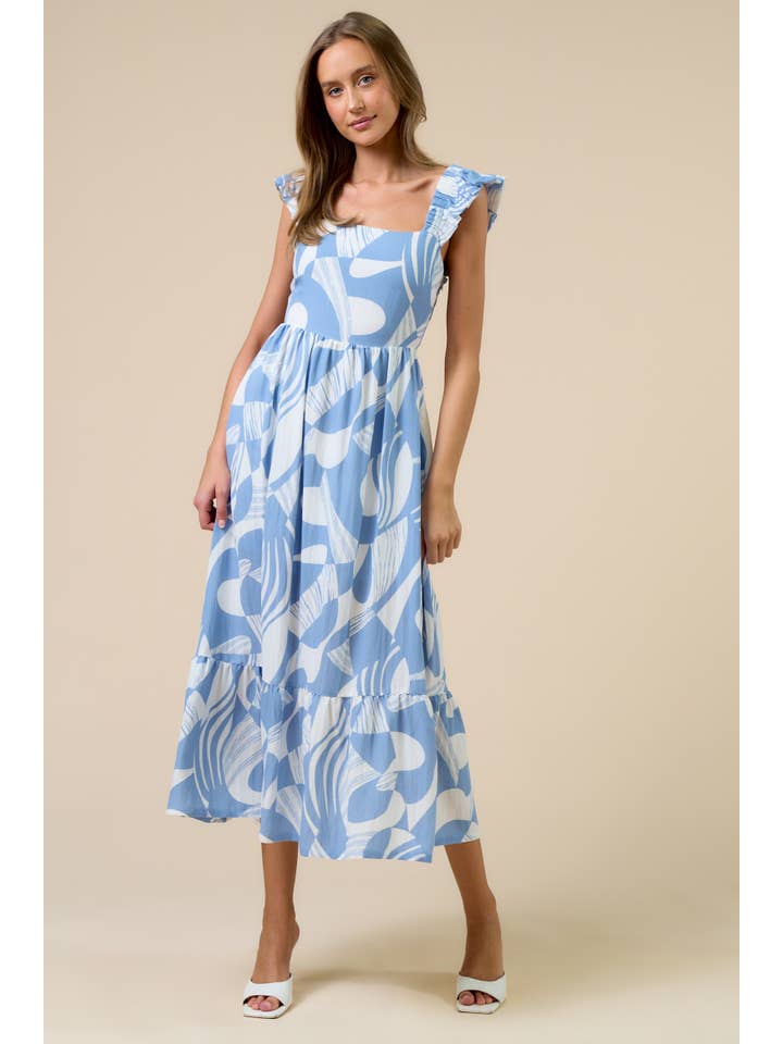 LT BLUE ILD5821 Printed Ruffled Strap Midi Dress for wholesale on Faire