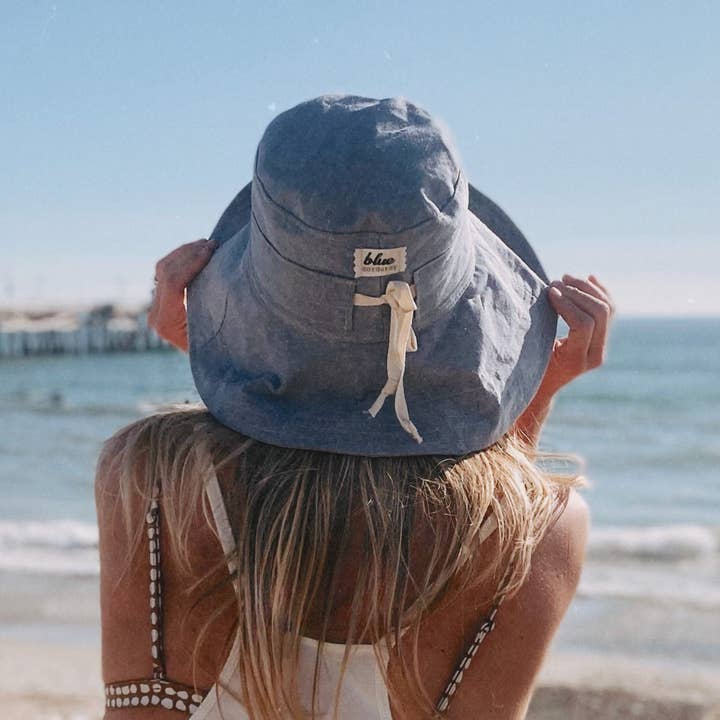 Linen Wide Brim Sun Hat with Tie - Sky Blue for wholesale by Blue Corduroy