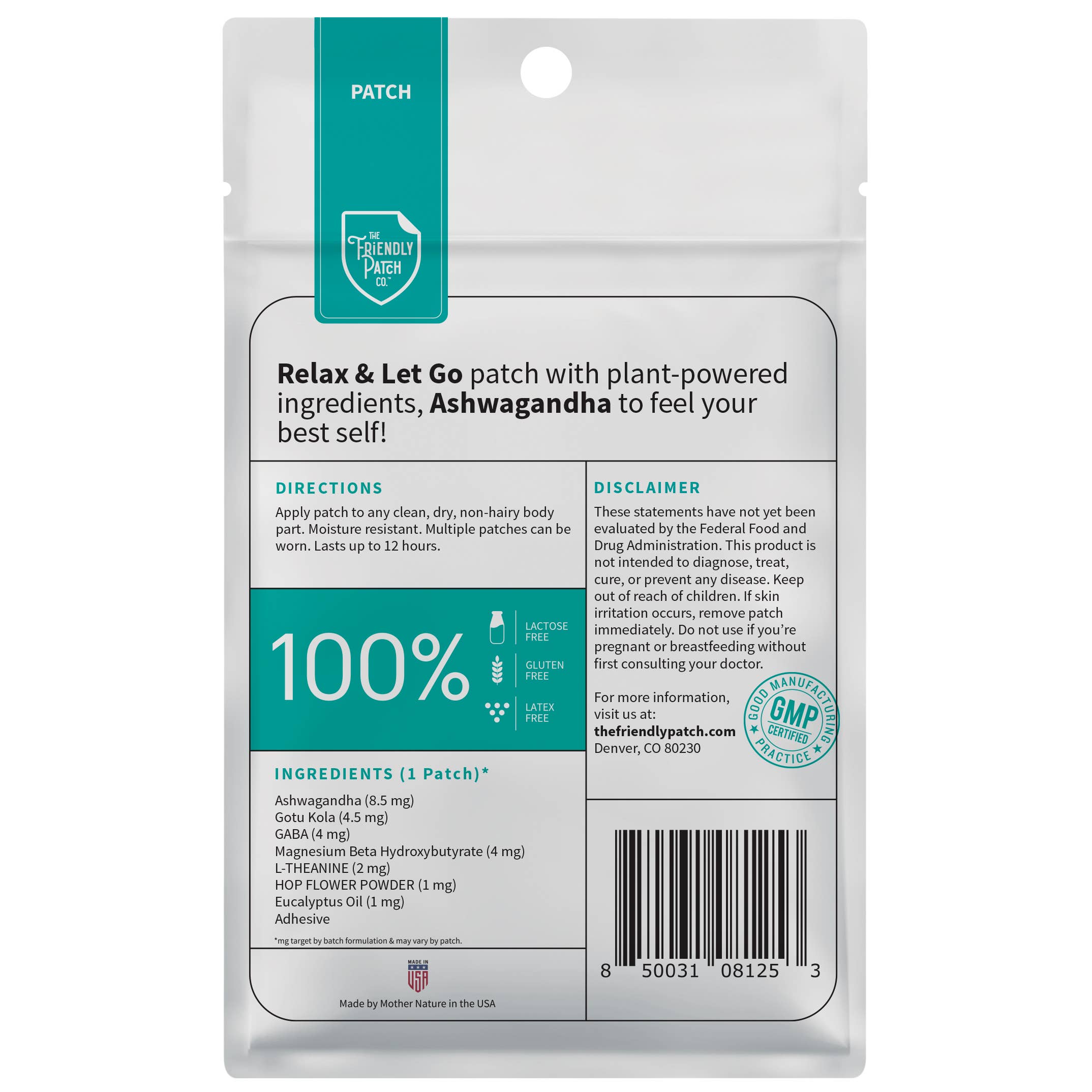 Friendly Patch CO - Wholesale Oral Supplement/Vitamin - Stress Patches Relax & Let Go Ashwagandha Gaba 8 Patches12