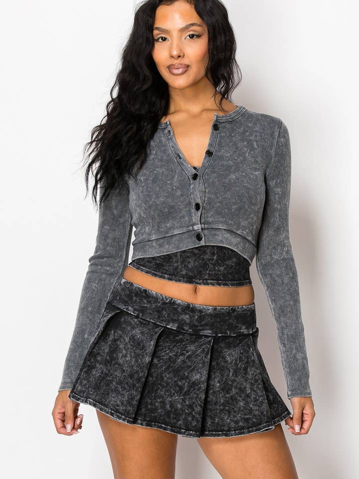 TS6179 - Washed Pleated Skort Tank Set Cardigan 3Pcs Set for wholesale by A Ellen