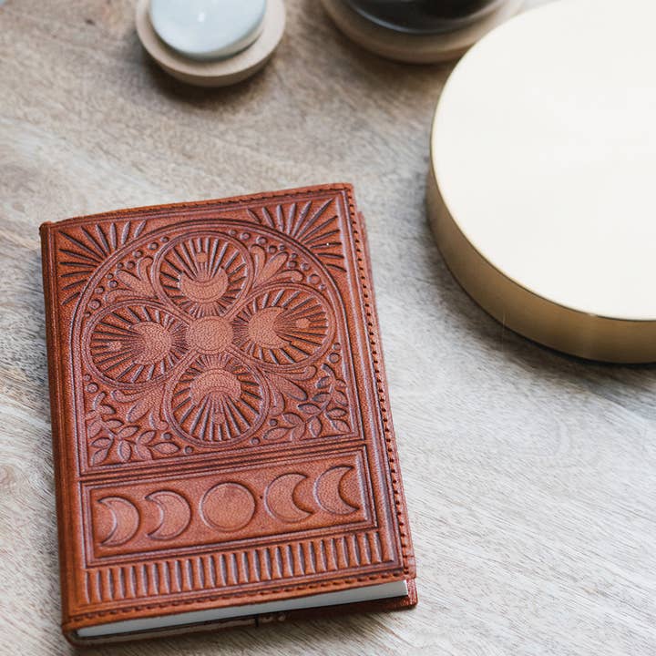Matr Boomie Fair Trade - Wholesale Journal/Diary - Embossed Brown Leather Moon Phase 5x7 Journal - Refillable