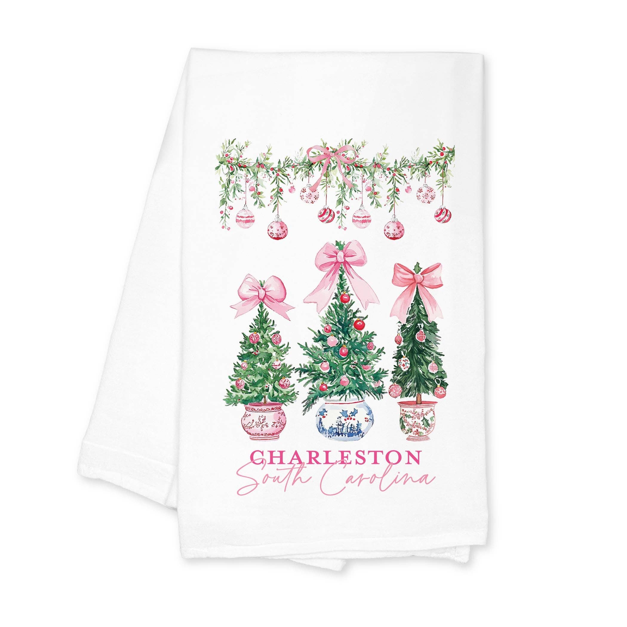 White Cotton Tea Towel-Blush & Baubles Christmas | Customizable for wholesale on Faire1