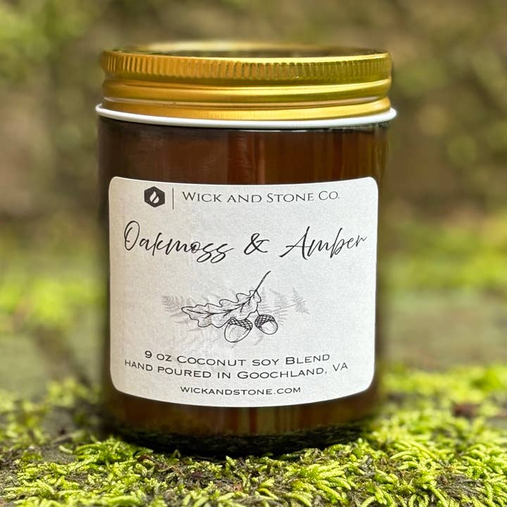 Oakmoss & Amber 9 oz Soy Coconut Wax Candle for wholesale by Wick and Stone Candles