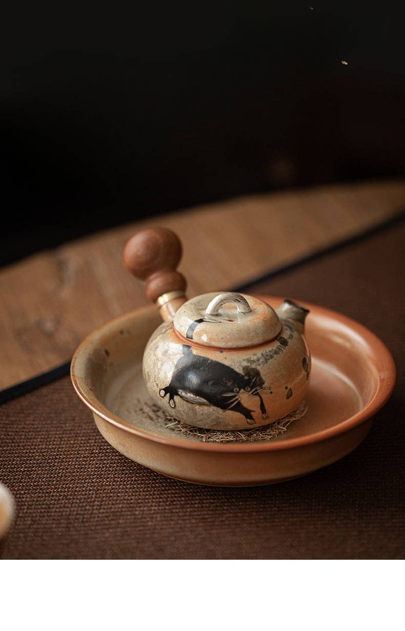 Gohobi （We cover U.S. import duties） - Wholesale Tea Pot - Gohobi Handmade Black Ink Hand-painted Cat Side Handle Teapot 0033