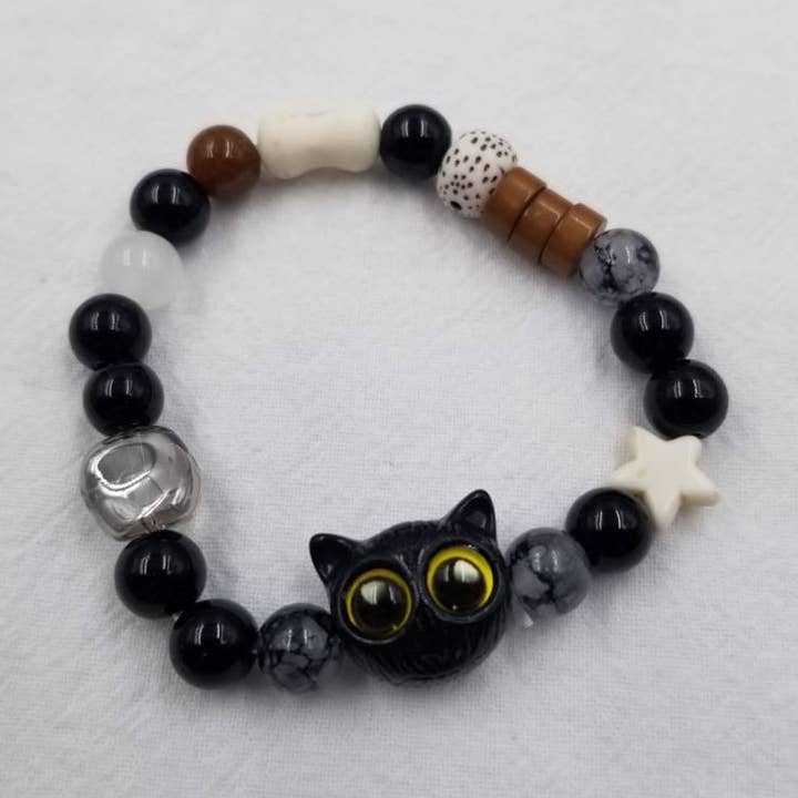 Black Cat Beaded Stretch Bracelet for wholesale by ENA Jewelry