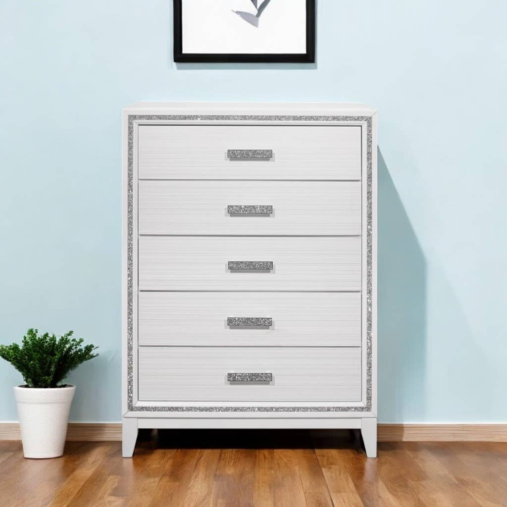 HomeRoots - Wholesale Bedroom Furniture - 49" White And Silver And Faux Wood Lighted 5 Drawer Dresser0