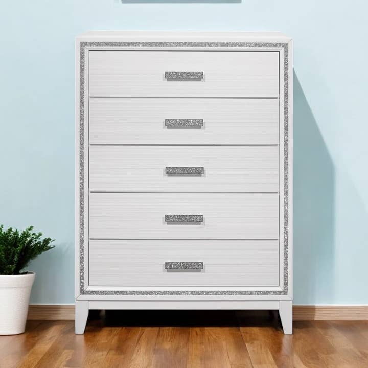HomeRoots - Wholesale Bedroom Furniture - 49" White And Silver And Faux Wood Lighted 5 Drawer Dresser0