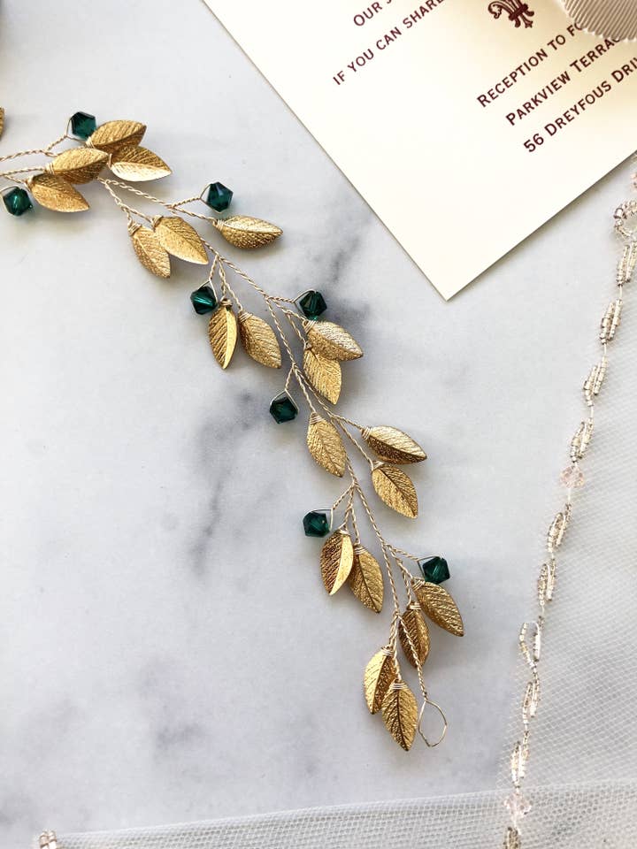Gold & Emerald Bridal Hair Vine | Swarovski Crystal Hair Vine, Festival Braid Vine for wholesale by Sweet Olive Hairpieces