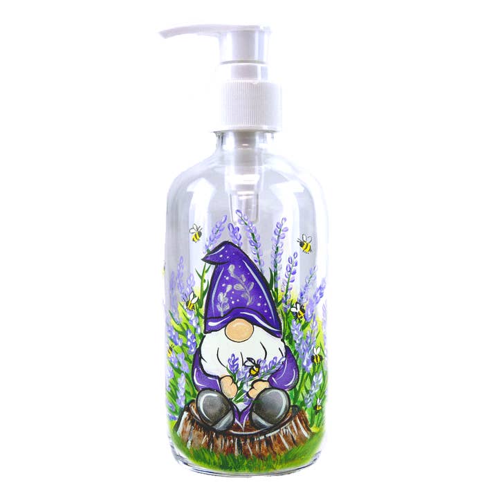 Lavender Gnome Garden Bee Hand-Painted Lotion Soap Pump Gift for wholesale by Classy Art Designs, LLC