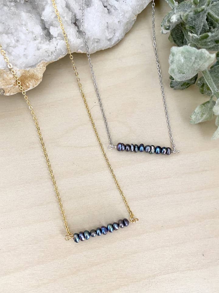 Dark Pearl Bar Necklace for wholesale by Pyrite and Pearls