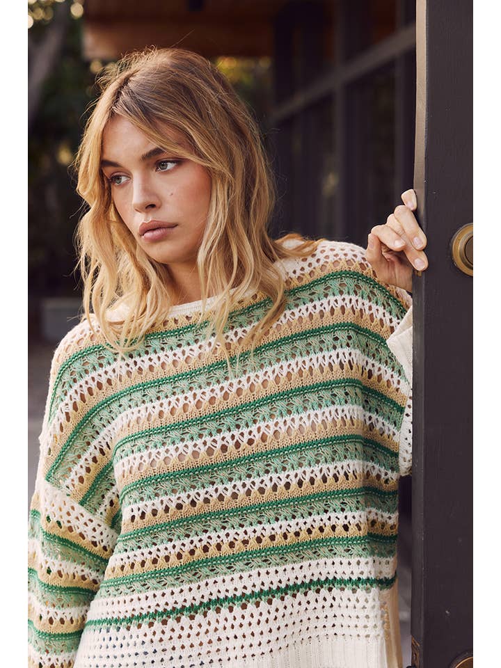 in february - Wholesale Knit Sweater - Women's - BRIGHT VIBRANT MULTI STRIPE LOOSE FIT CROCHET SWEATER TOP17