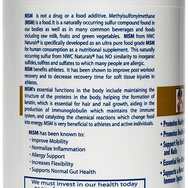 NWC Naturals® - Wholesale Pet Supplement - Cat/Dog - Ultra-Pure MSM™ For People one pound 454 grams See note2