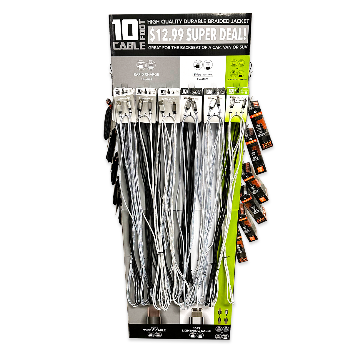 Novelty Brands - Wholesale Retailer Display - Accessories - 10FT Charging Cable & Charger Assortment 36PC Floor Display1
