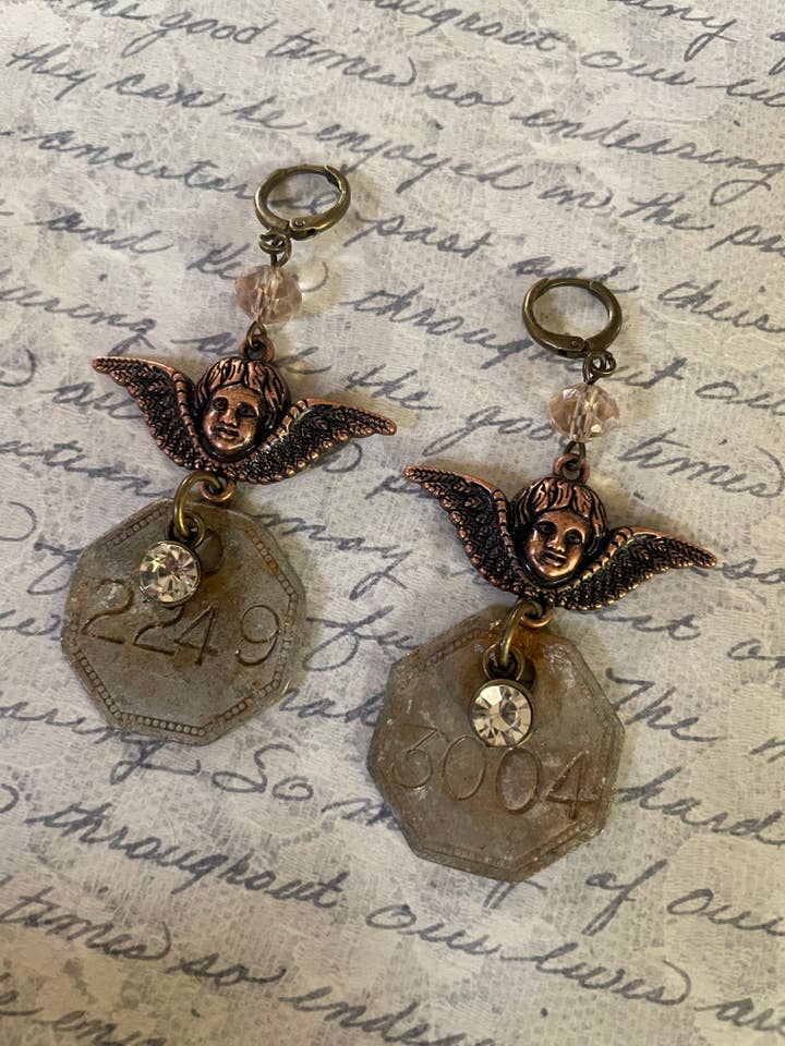 Cupid & Tag Earrings-Steampunk/Romantic/Sustainable for wholesale by Savannah Hoffman Designs Artisan Jewelry