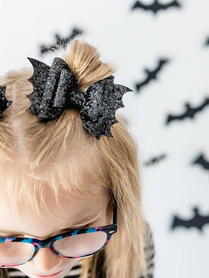 Black Glitter Bat Bow for Kids for wholesale by Dainty Delights Creations