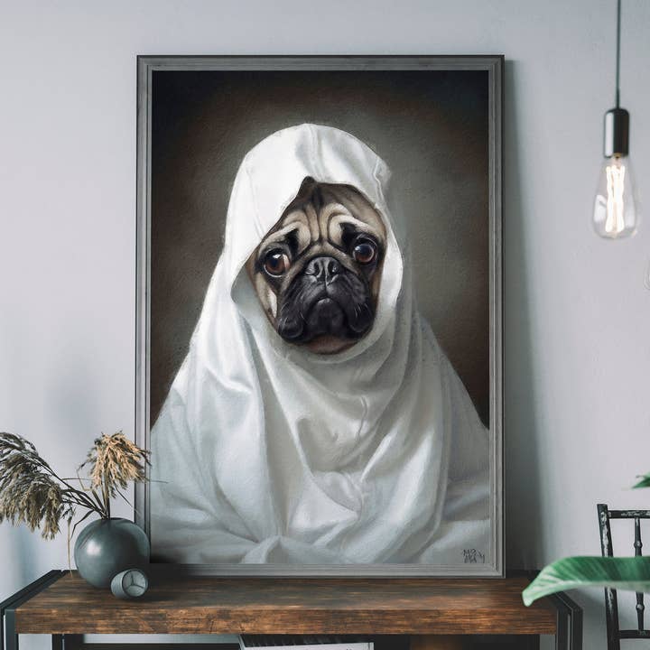 Ghost Pug Dog Porträtttryck för wholesale av Ink & Drop