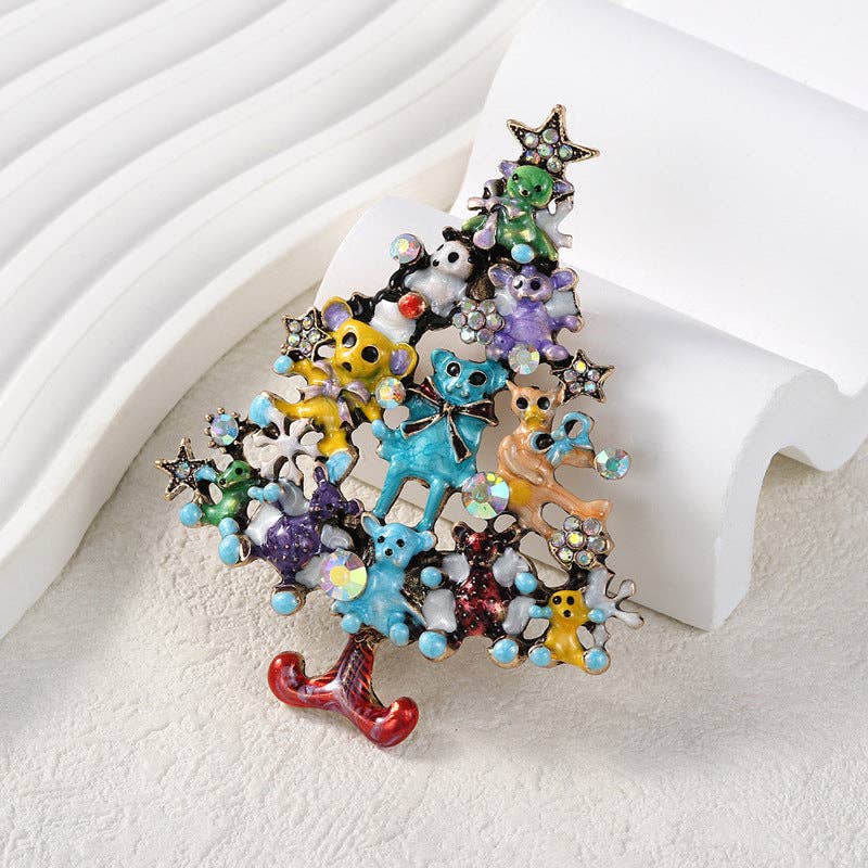 Multi Christmas Bears Tree Alloy Rhinestone Brooch PA5906 for wholesale on Faire0